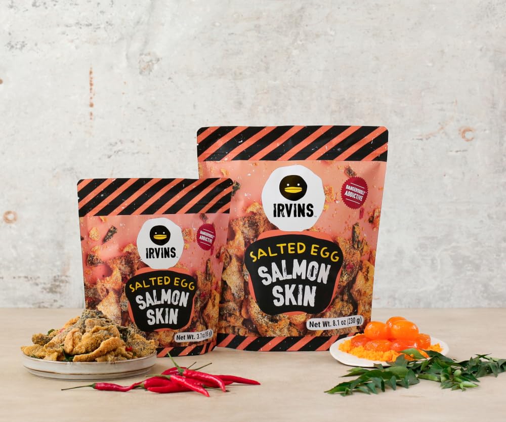 IRVINS Salted Egg Salmon Skin Chips Crisps Premium Hand Cooked Halal High Protein Keto-Friendly 3.7 oz (Pack of 3) - Sari X Sari