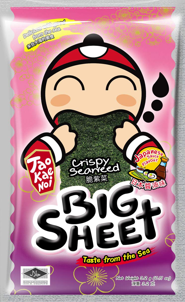 Big Crispy Seaweed Snack Sheets by Tao Kae Noi | Japanese Sauce Flavor Thai Seaweed Chip | Healthy Nori Snacks for Kids and Adults | Low Calorie Seaweed Sheets | 12 Individually Wrapped Sheets per Box, 3.2g each