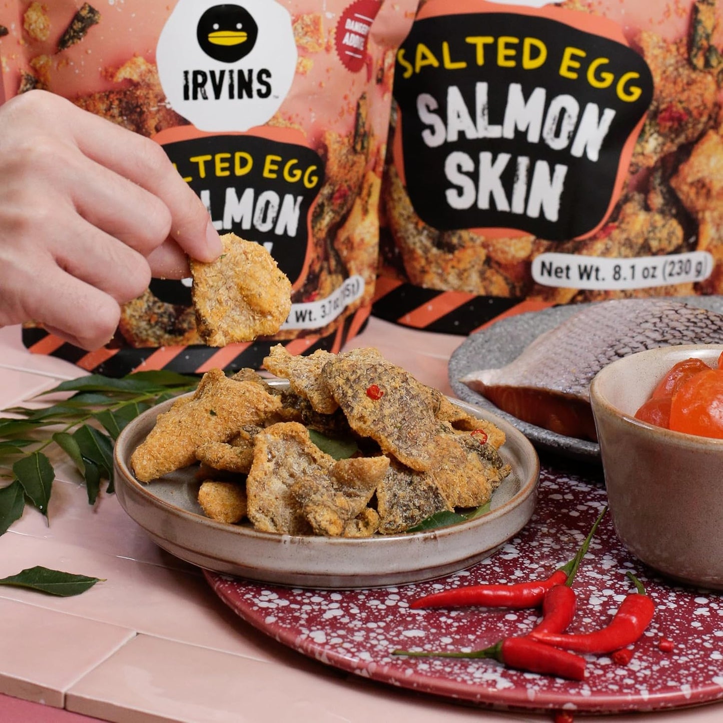 IRVINS Salted Egg Salmon Skin Chips Crisps Premium Hand Cooked Halal High Protein Keto-Friendly 3.7 oz (Pack of 3) - Sari X Sari