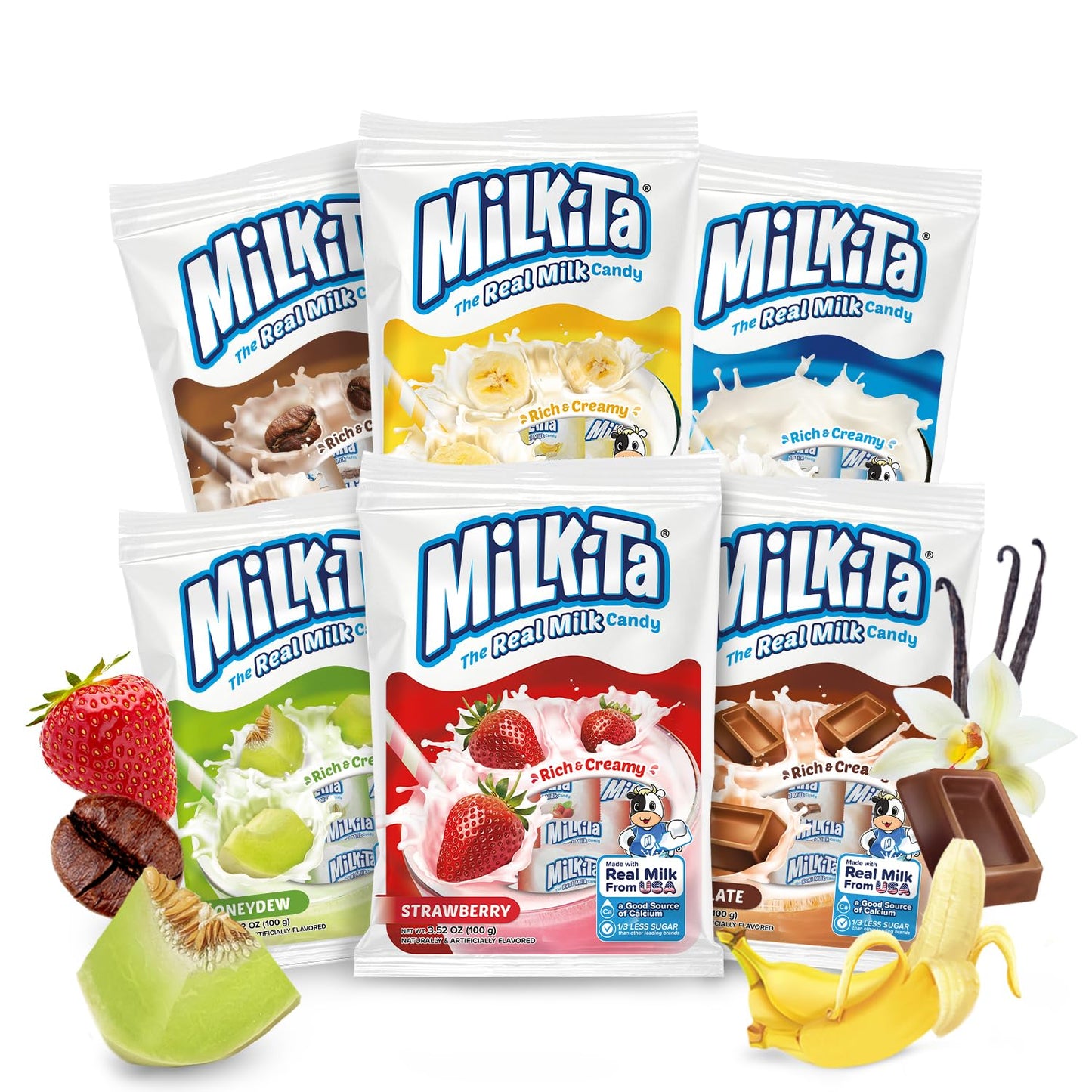 Milkita 5 Flavor Pack - Vanilla Milk, Banana, Strawberry, Chocolate, Melon with FREE Candy Sample - Sari X Sari