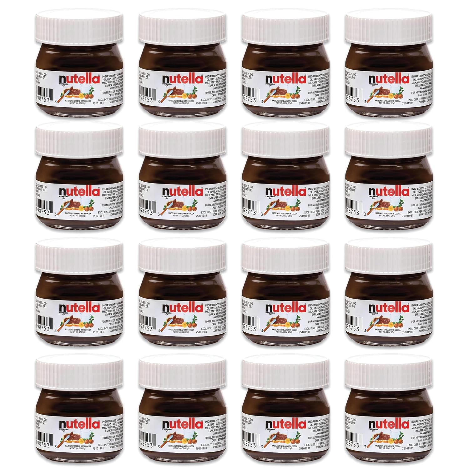 Mini Nutella Jars, 16 Pack of 0.88oz Glass Nutella Mini Jars by Snackivore. Single Serve Nutella. - Sari X Sari